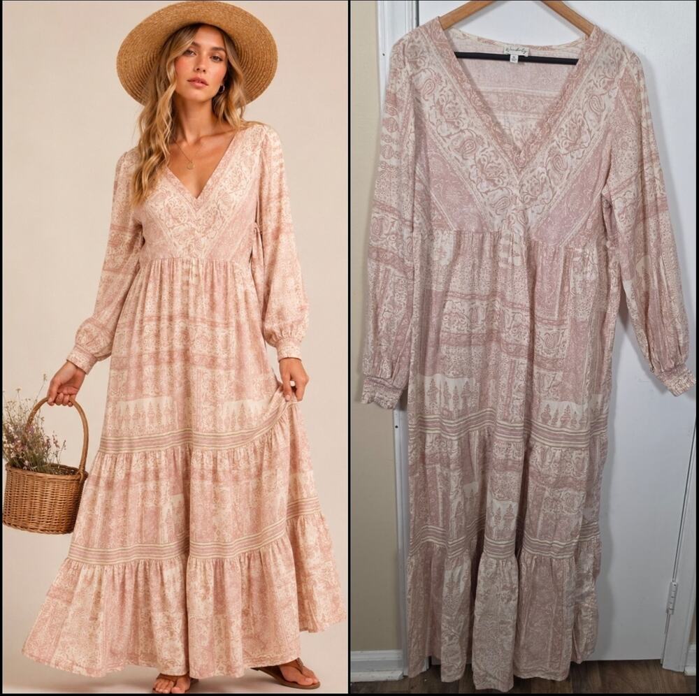 Wonderly Smocked Wrist Tiered Cotton Maxi Dress Sz XL Prairie Coastal Country